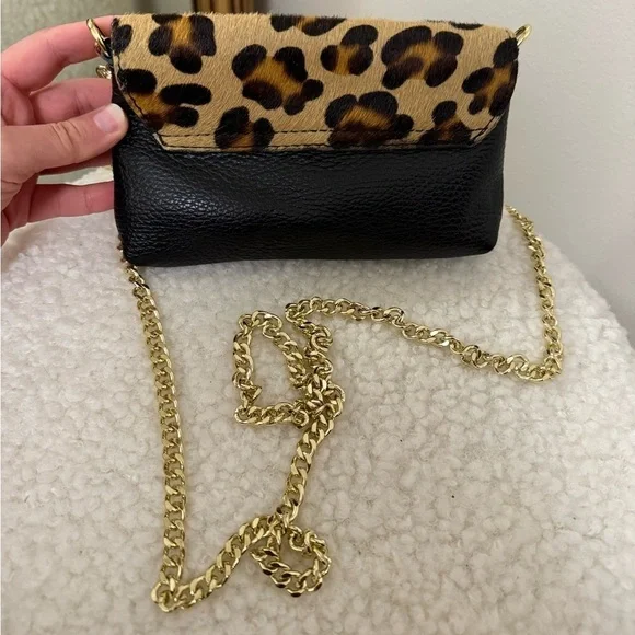 Genuine leather calf hair made in Italy Leopard Print  gold Chain Shoulder Bag - Picture 3 of 10